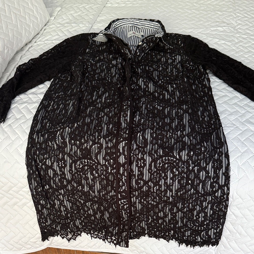 Vineyard Vines Navy and White Stripe with black lace overlay